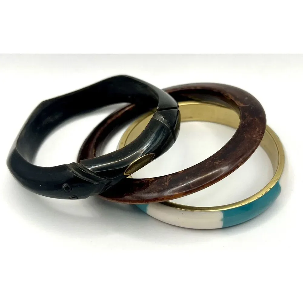 Set of 3 Bracelets Wooden Enamel Metal Aqua Teal Cream Gold Tone